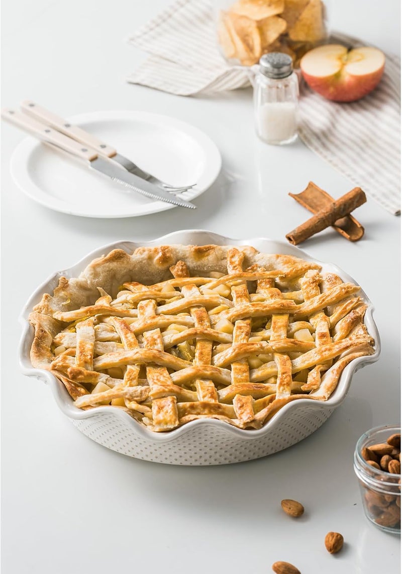 MIKIGEY Ceramic Deep Pie Pan for Baking, 11 inch Porcelain Pie Dish for Apple Pie, Oven & Dishwasher Safe, 48 Ounce Deep Plate for Kitchen, Non-Stick Pie Pans,Off-White, Embossed Dots - Image 3
